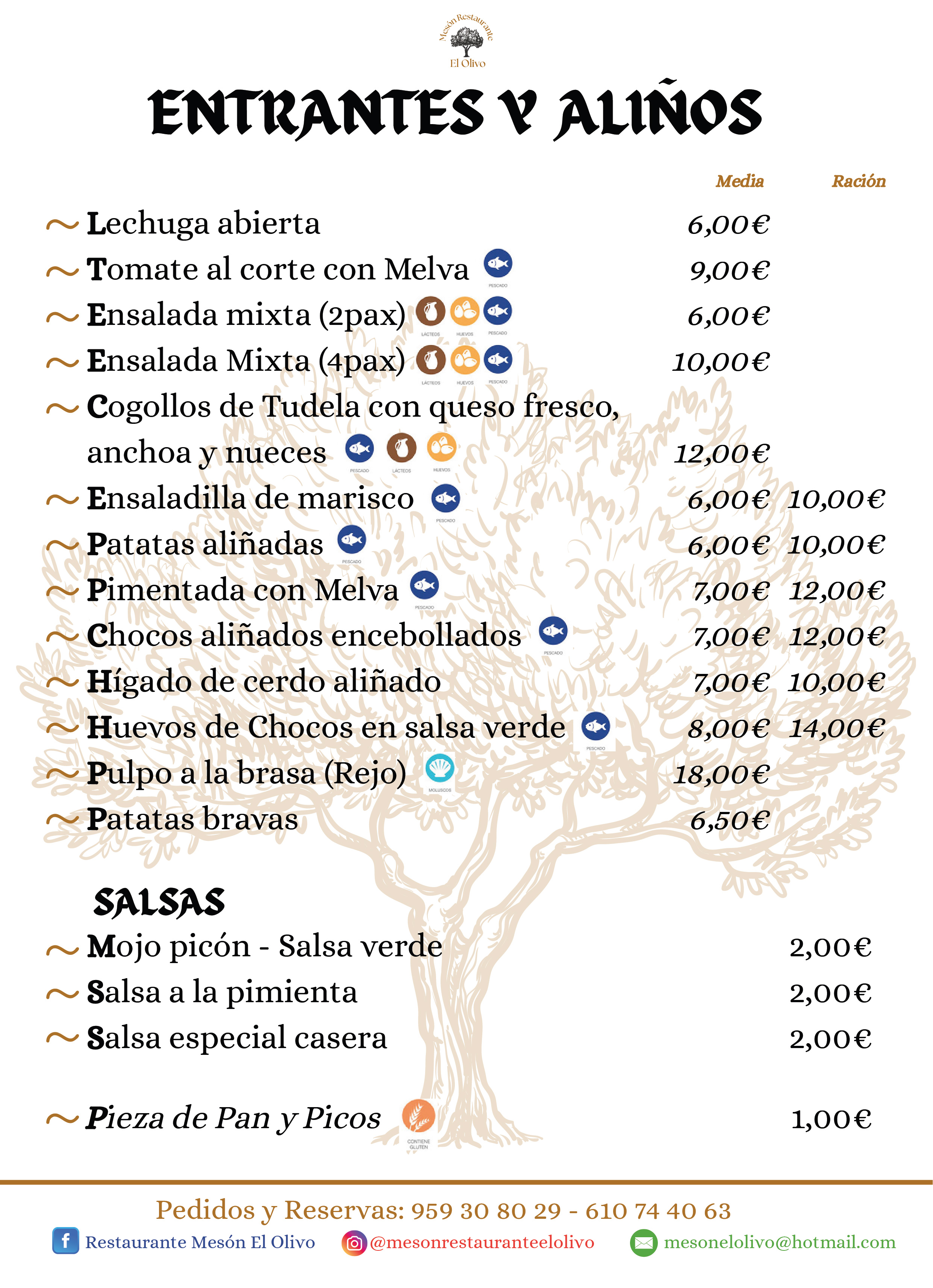 Carta de menú Restaurante Mesón El Olivo