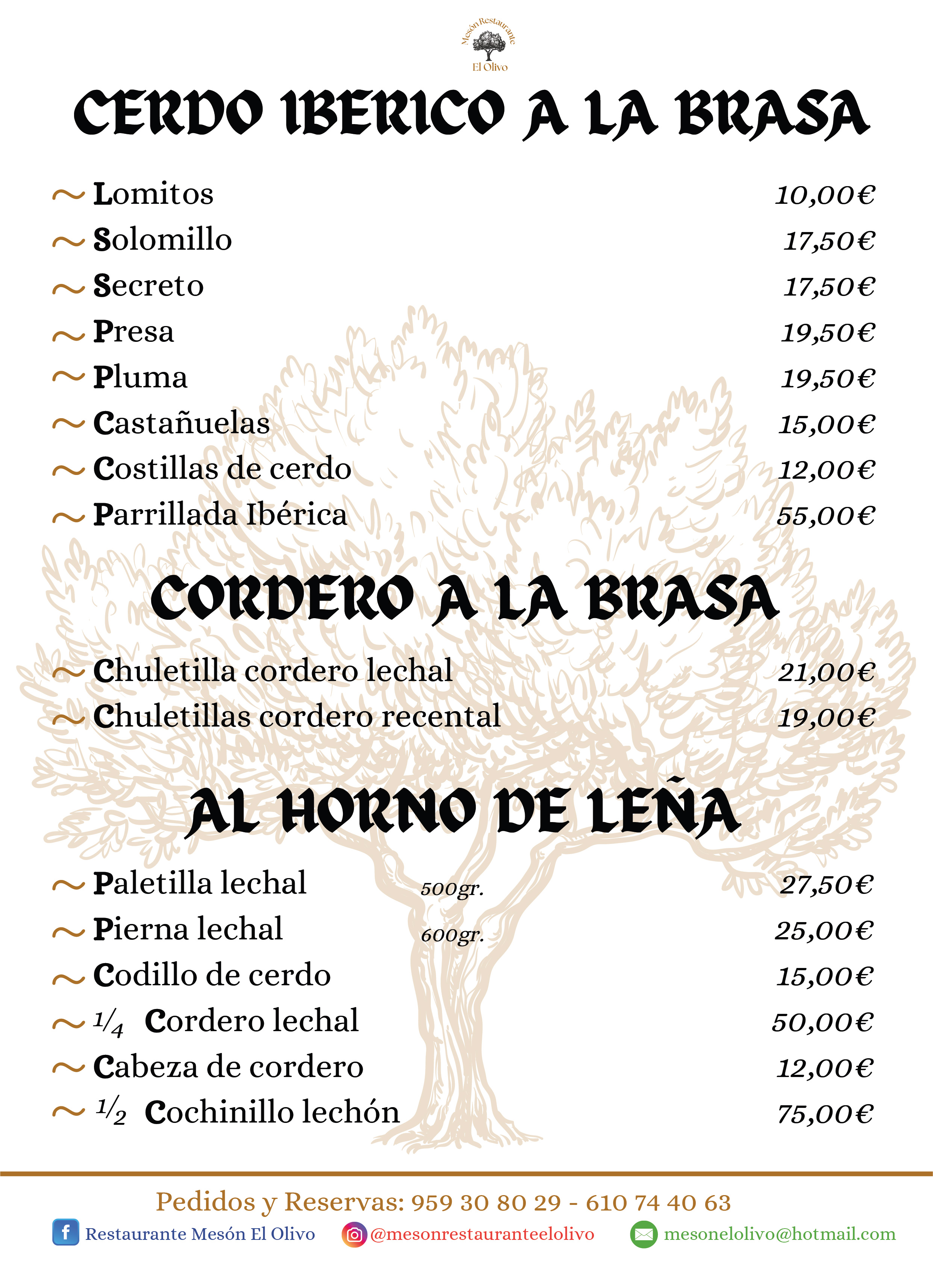 Carta de menú Restaurante Mesón El Olivo