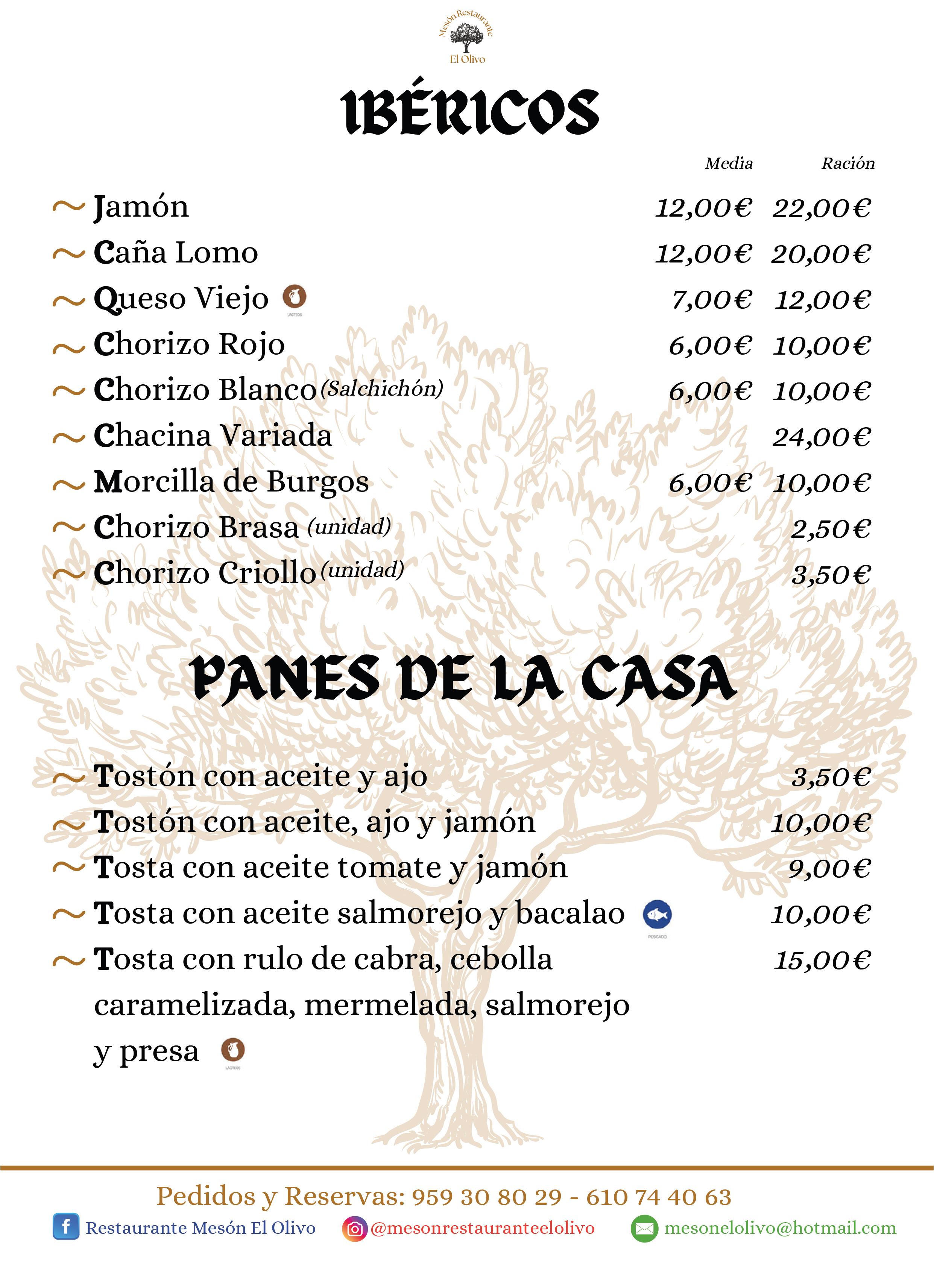 Carta de menú Restaurante Mesón El Olivo