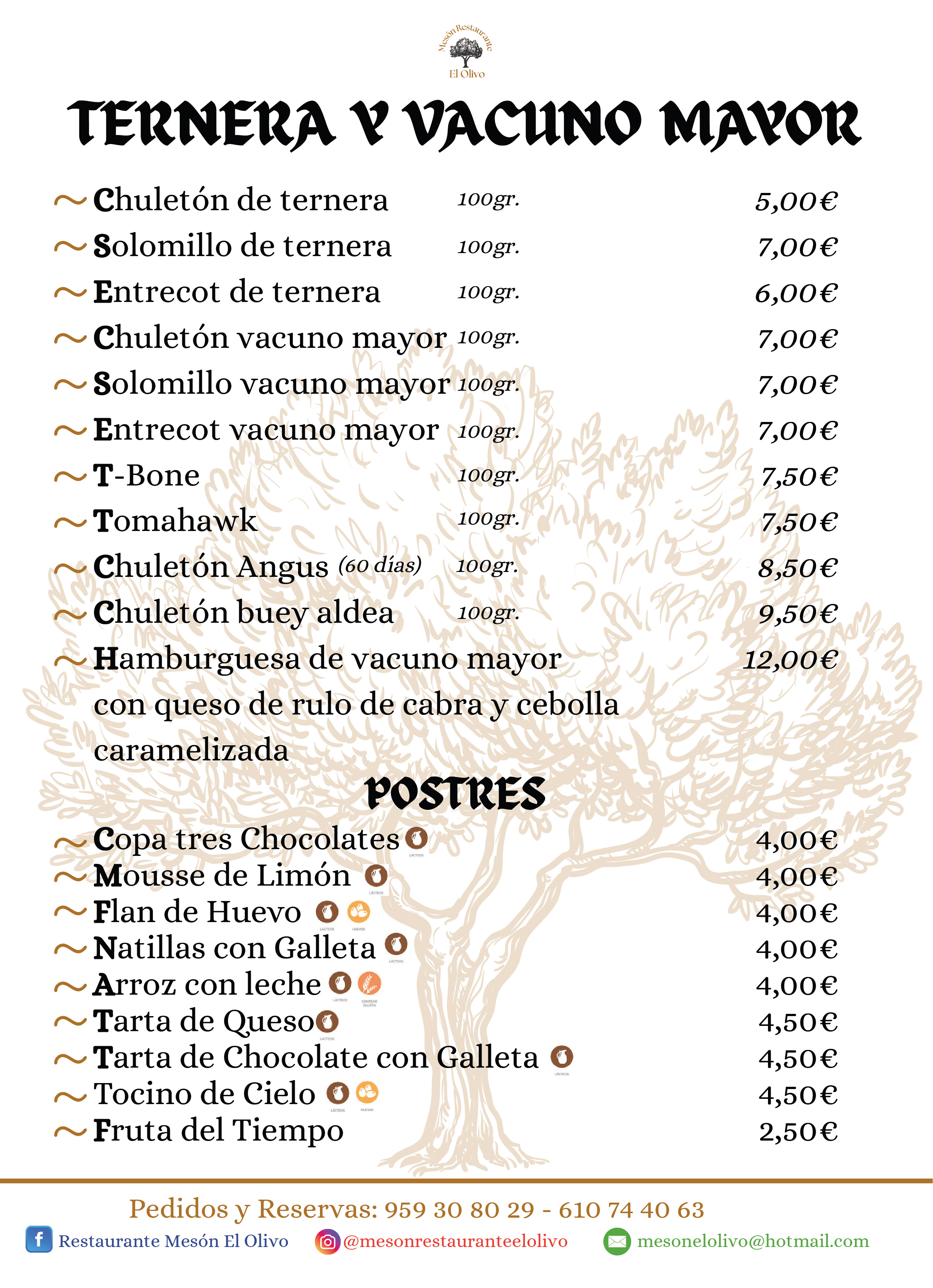 Carta de menú Restaurante Mesón El Olivo